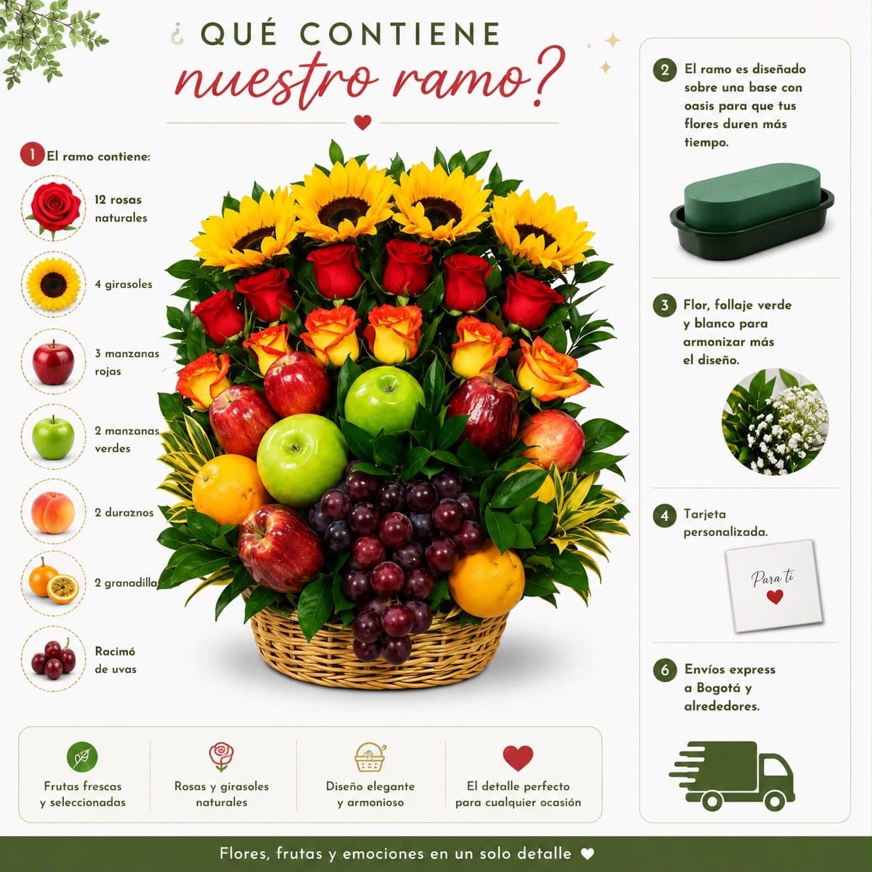 Arreglo Frutal y Floral Premium con Rosas y Girasoles