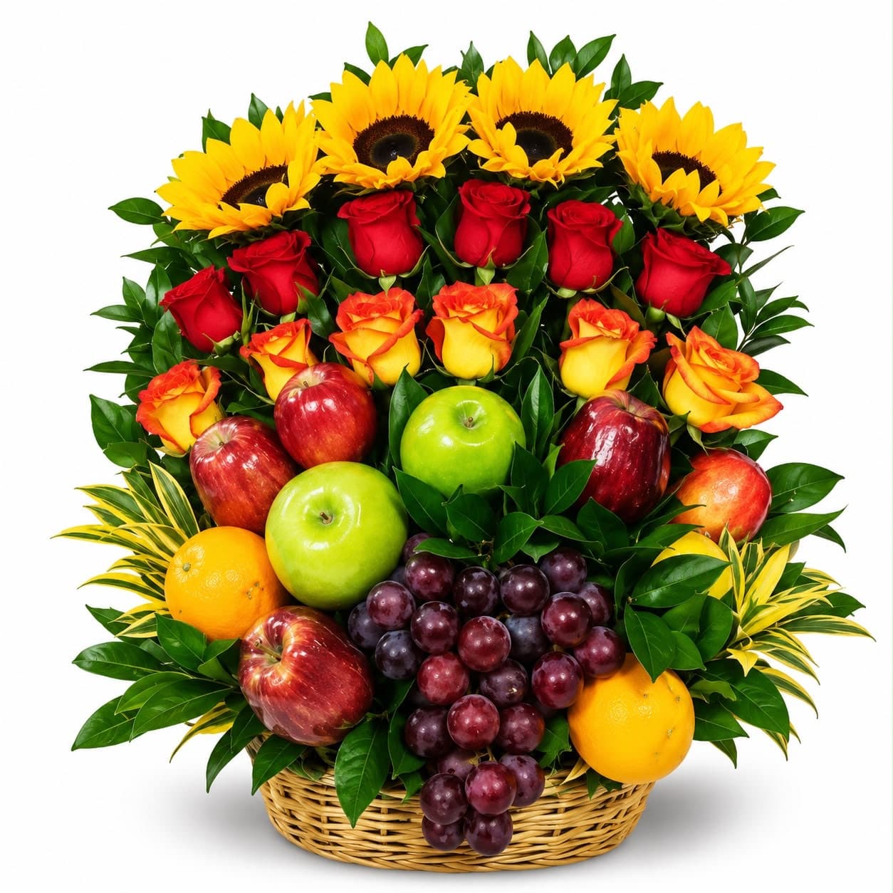 Arreglo Frutal y Floral Premium con Rosas y Girasoles