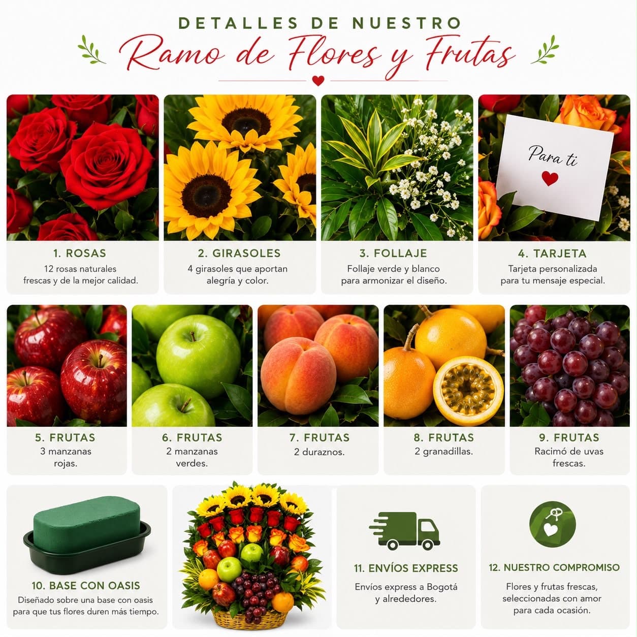 Arreglo Frutal y Floral Premium con Rosas y Girasoles