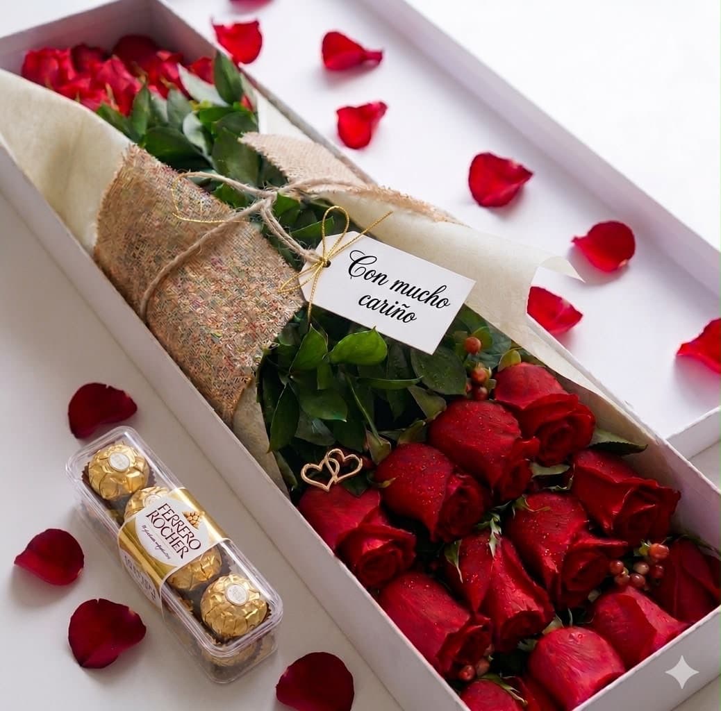 Caja de Regalo con 20 Rosas Premium y Chocolates Ferrero Rocher