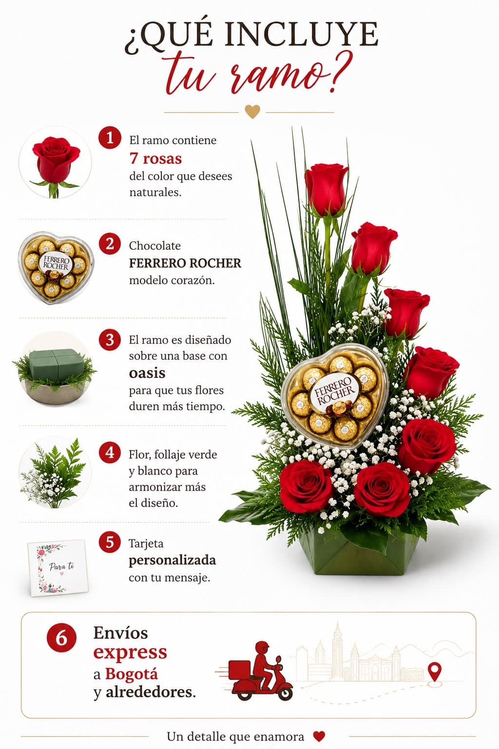 Ramo con 7 Rosas Rojas y Corazón Ferrero Rocher