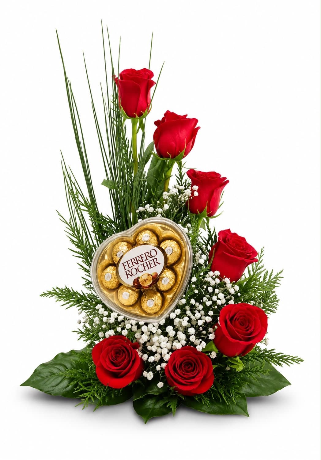 Ramo con 7 Rosas Rojas y Corazón Ferrero Rocher