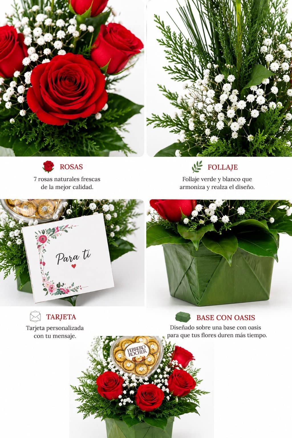Ramo con 7 Rosas Rojas y Corazón Ferrero Rocher