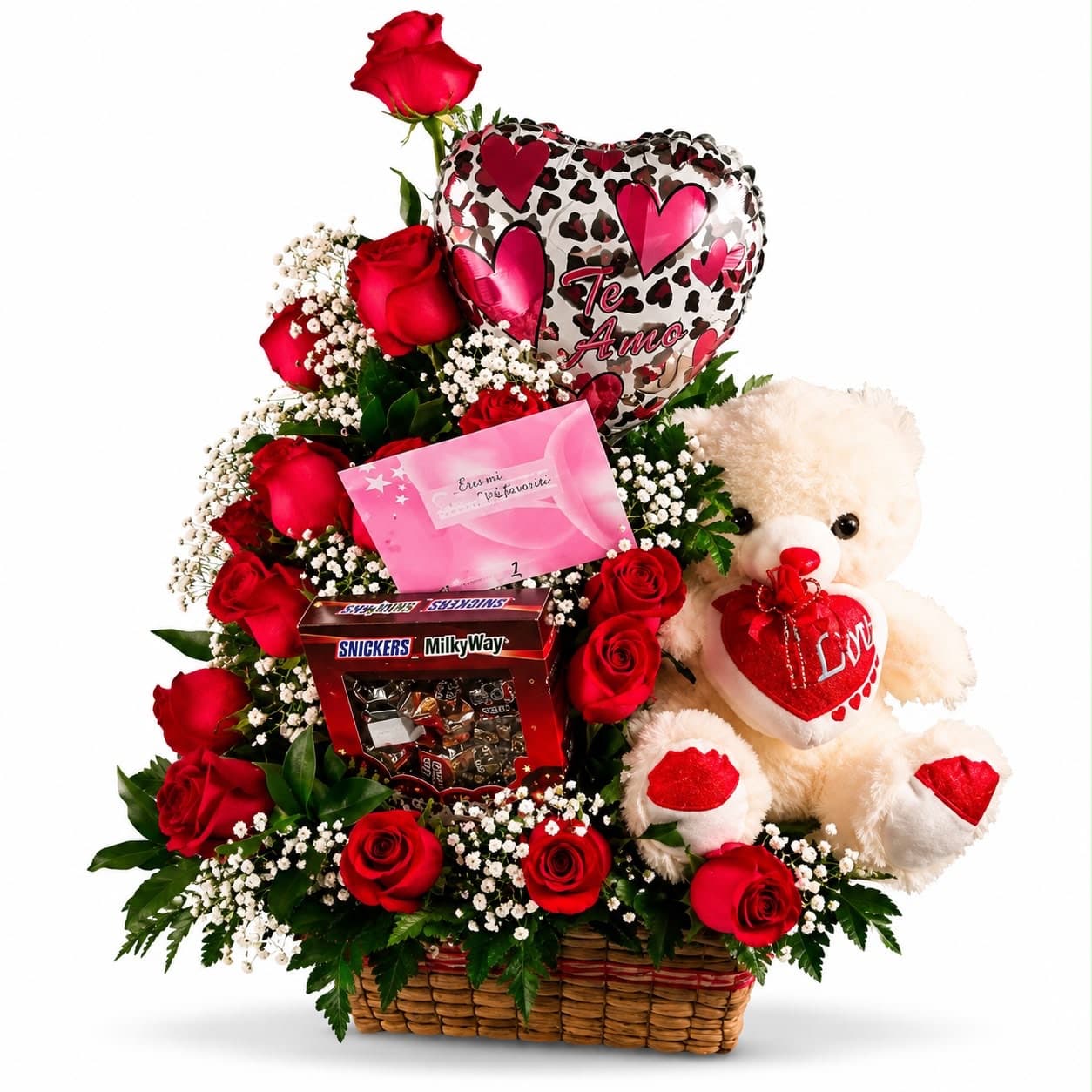 Canasta Floral con 14 Rosas Rojas Chocolates Peluche y Globo