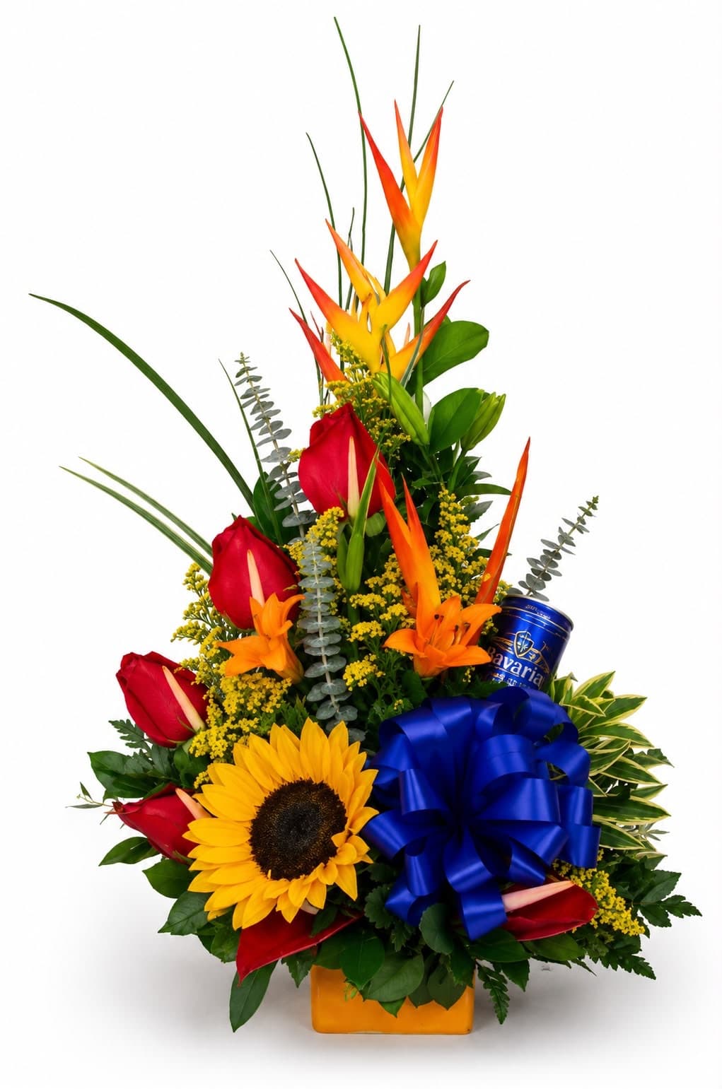 Arreglo Floral con Girasol Rosas Chocolates Ferrero Rocher y Cerveza