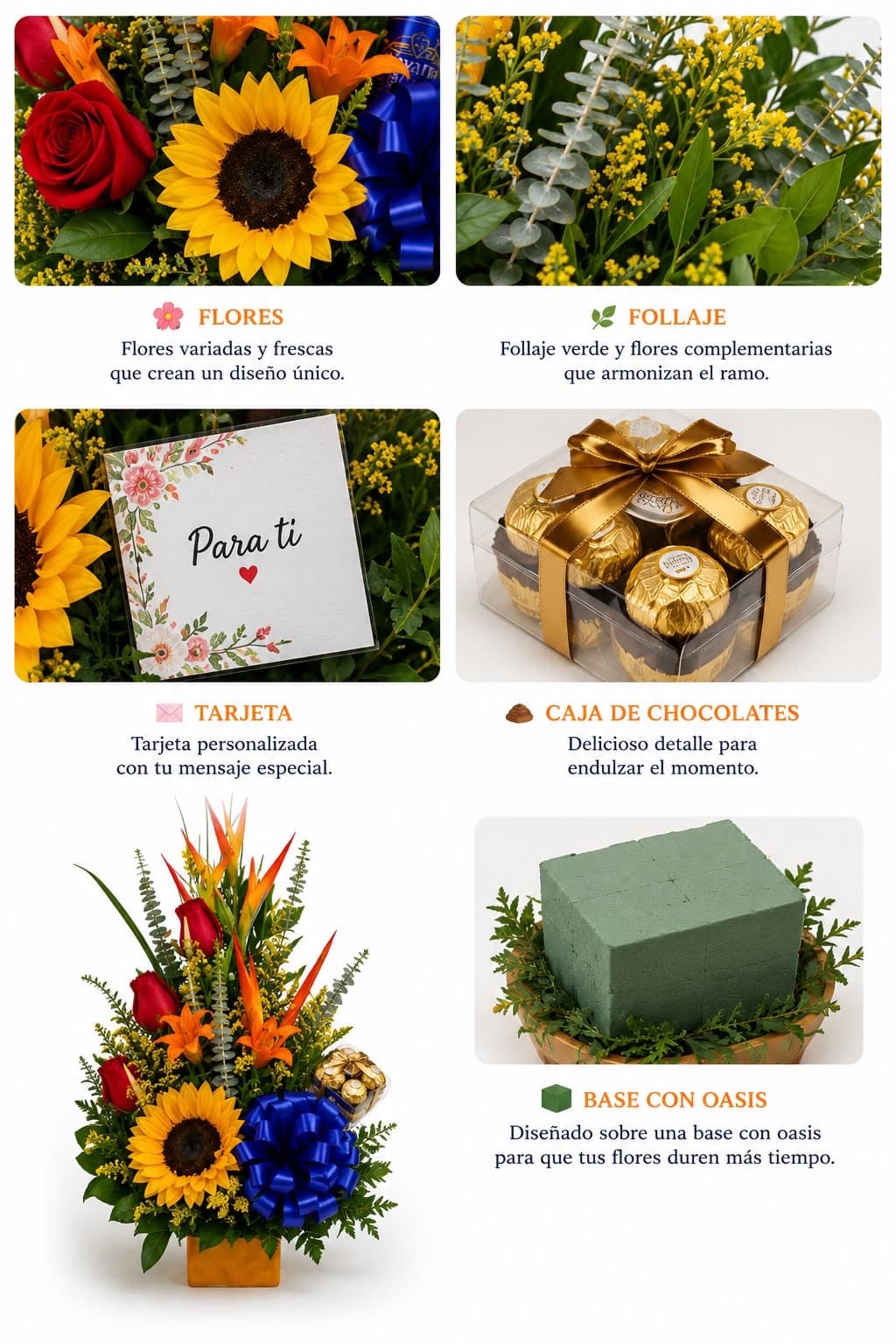 Arreglo Floral con Girasol Rosas Chocolates Ferrero Rocher y Cerveza