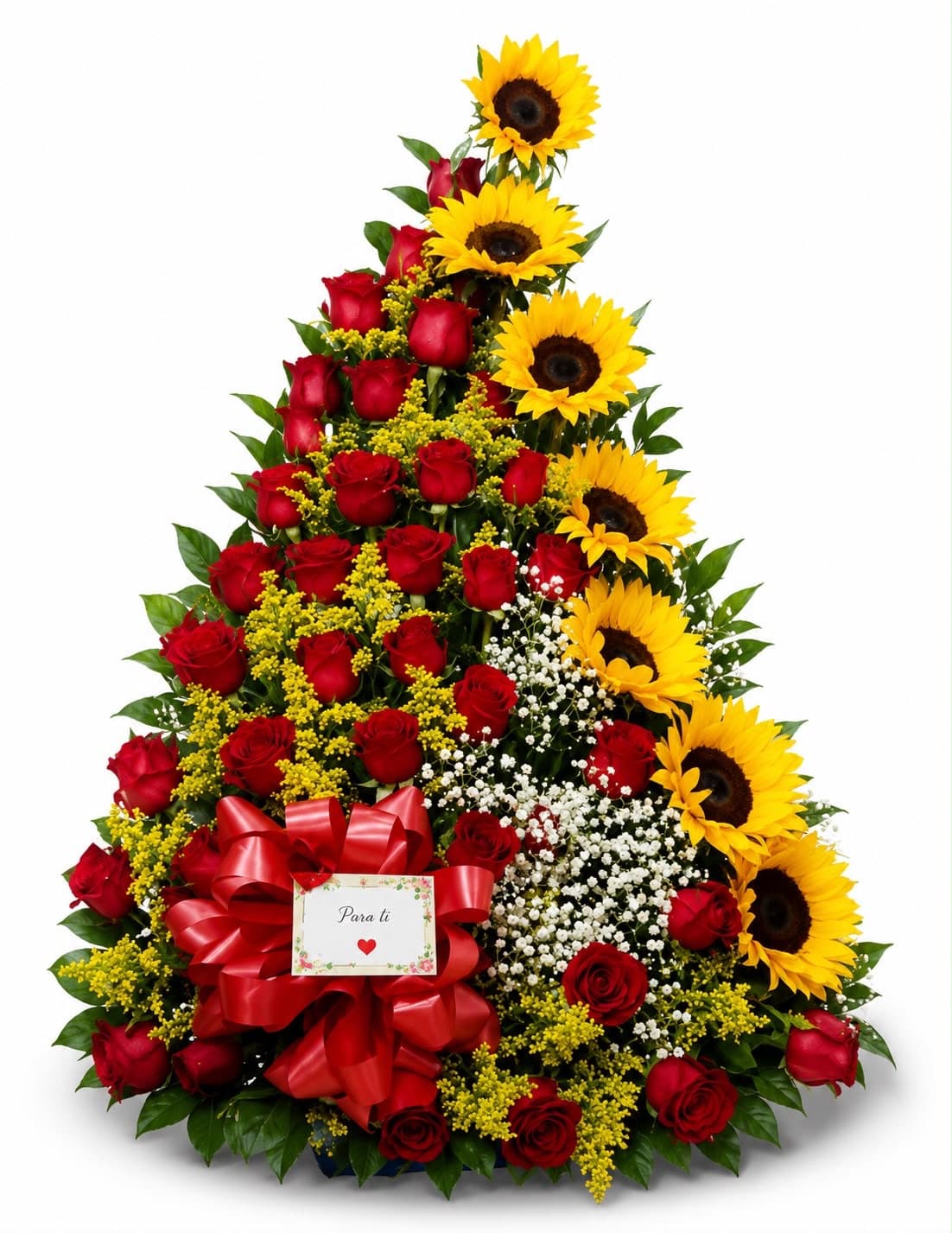 Arreglo Floral Piramidal con 34 Rosas Rojas y 7 Girasoles