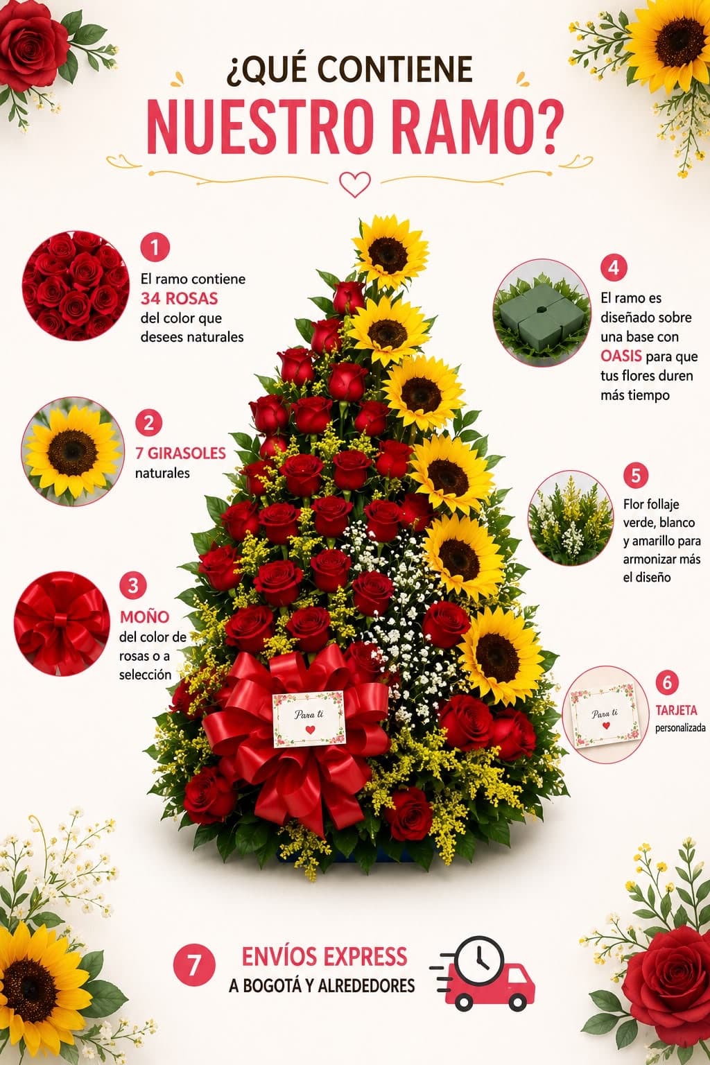 Arreglo Floral Piramidal con 34 Rosas Rojas y 7 Girasoles