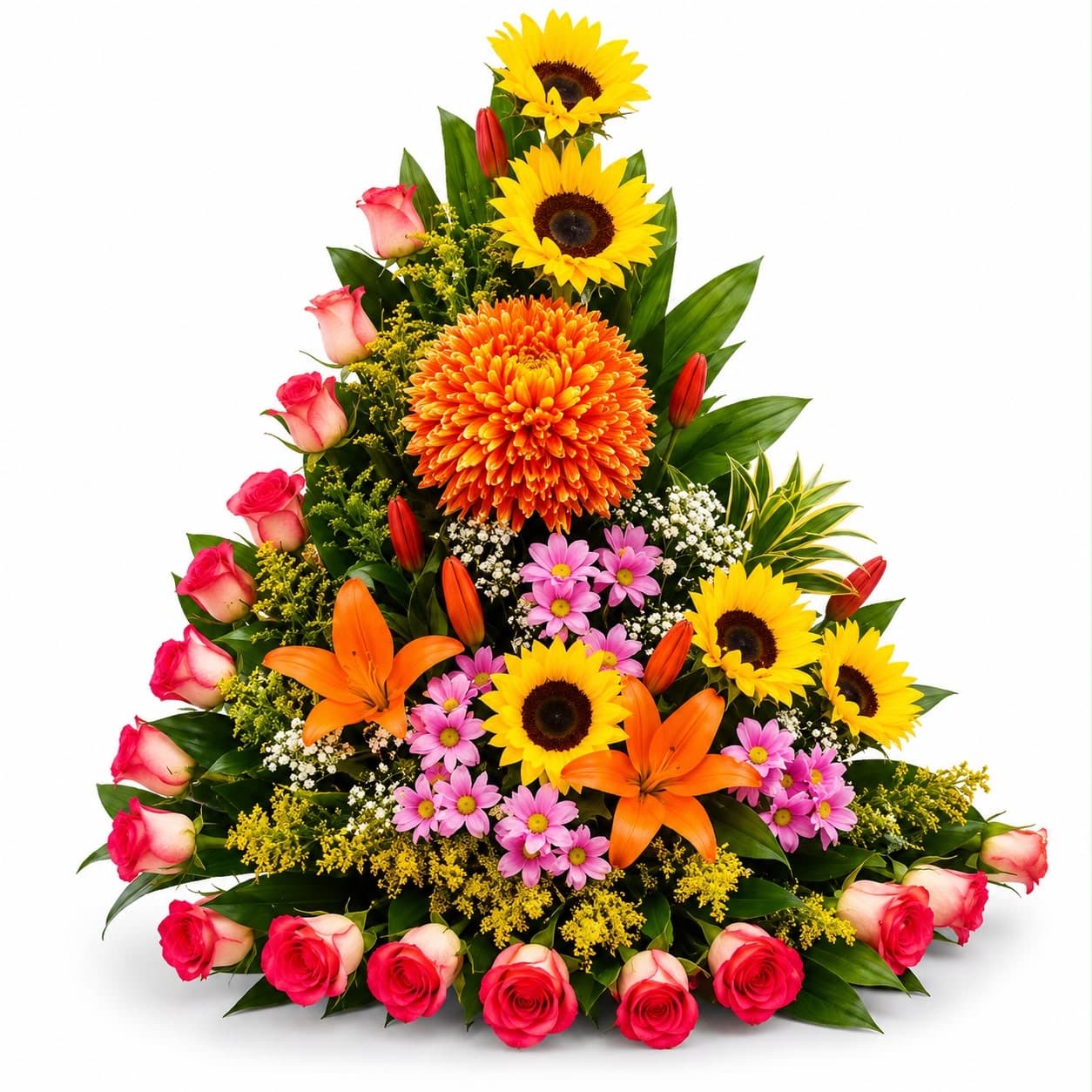 Arreglo Floral Piramidal con Rosas, Girasoles y Lirios