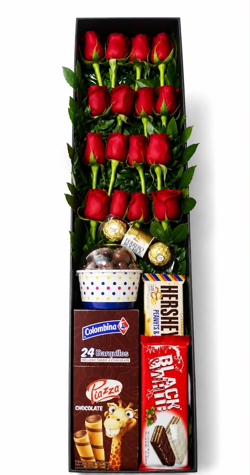 Caja de Regalo con 16 Rosas Rosas Chocolates y Galletas