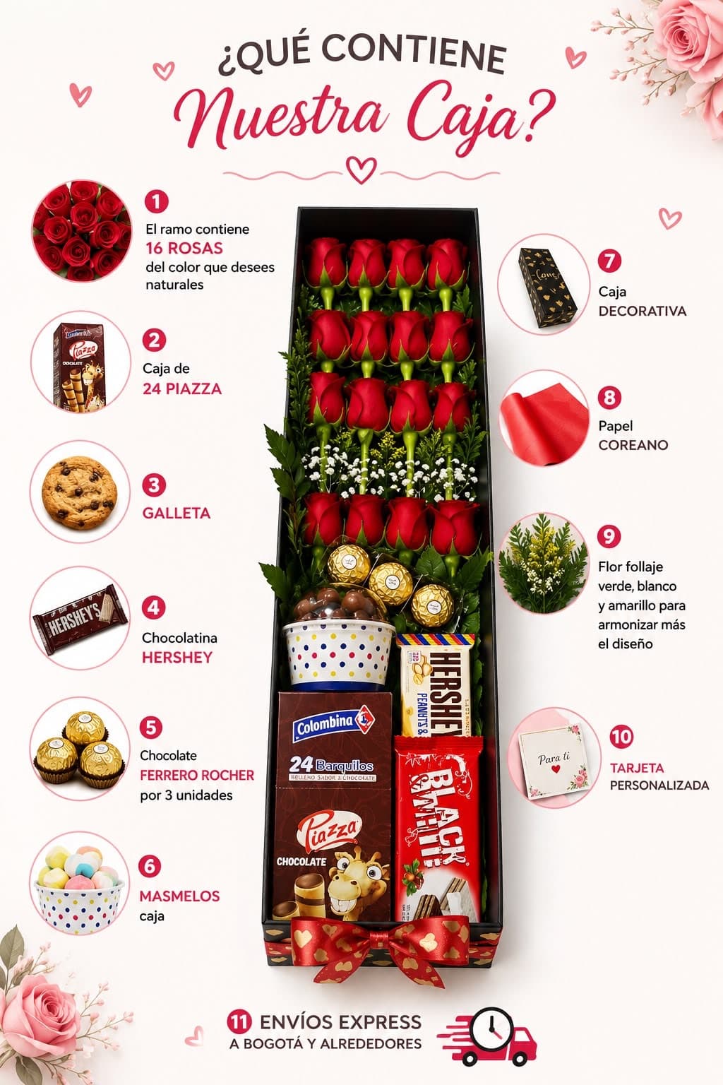 Caja de Regalo con 16 Rosas Rosas Chocolates y Galletas