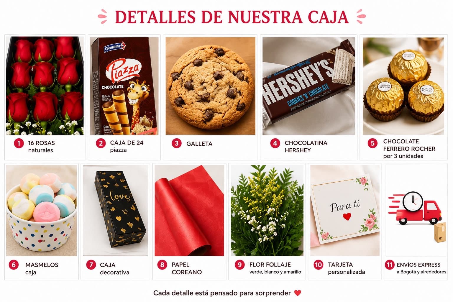 Caja de Regalo con 16 Rosas Rosas Chocolates y Galletas
