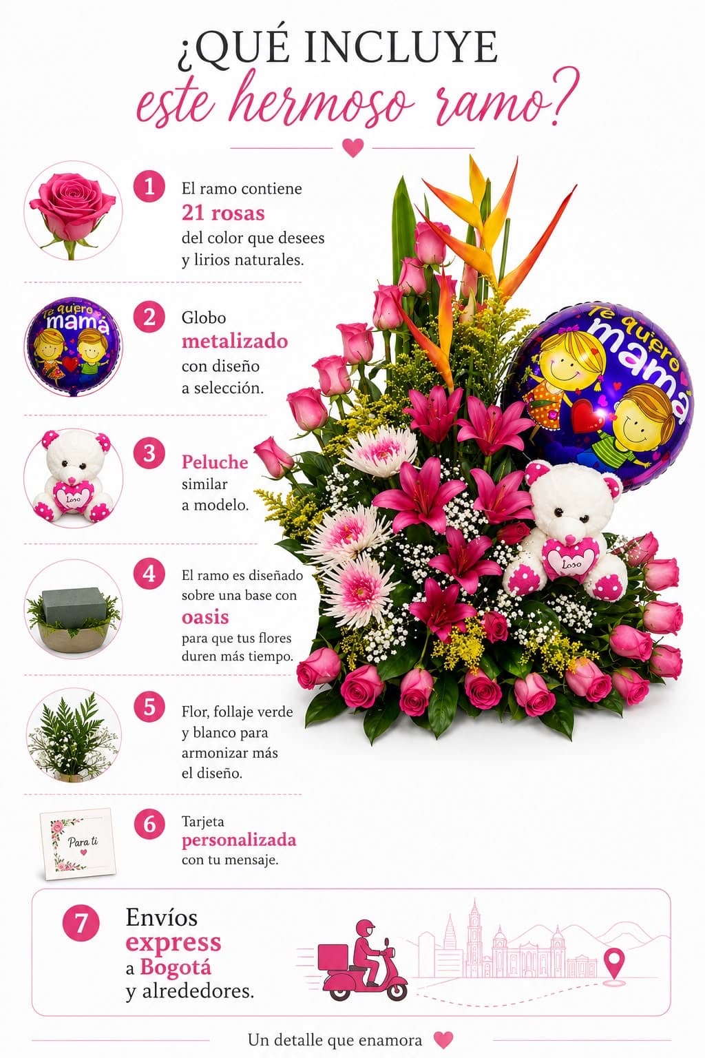 Arreglo Floral con 21 Rosas Rosadas Lirios Peluche y Globo