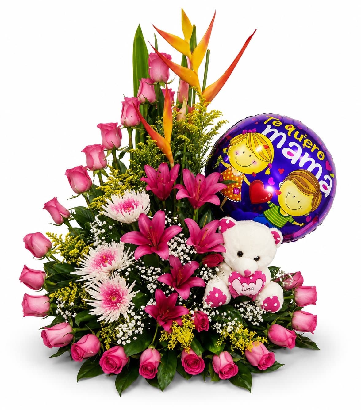 Arreglo Floral con 21 Rosas Rosadas Lirios Peluche y Globo