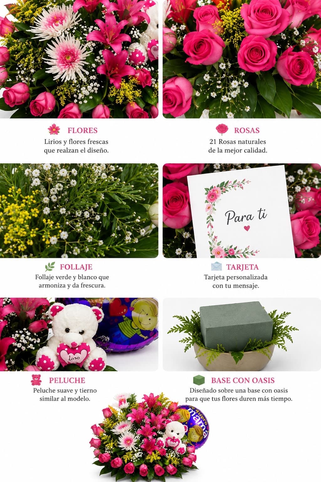 Arreglo Floral con 21 Rosas Rosadas Lirios Peluche y Globo